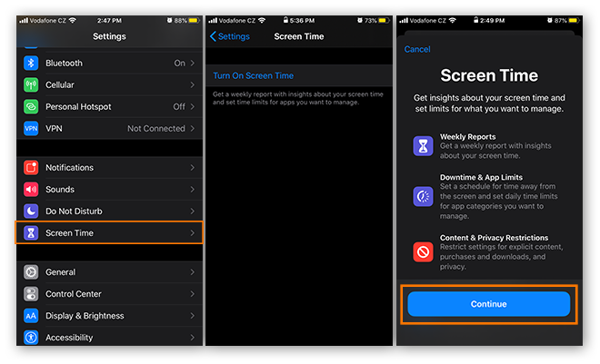 Opening the iPhone Screen Time settings from the Settings app in iOS 13 and activating Screen Time.